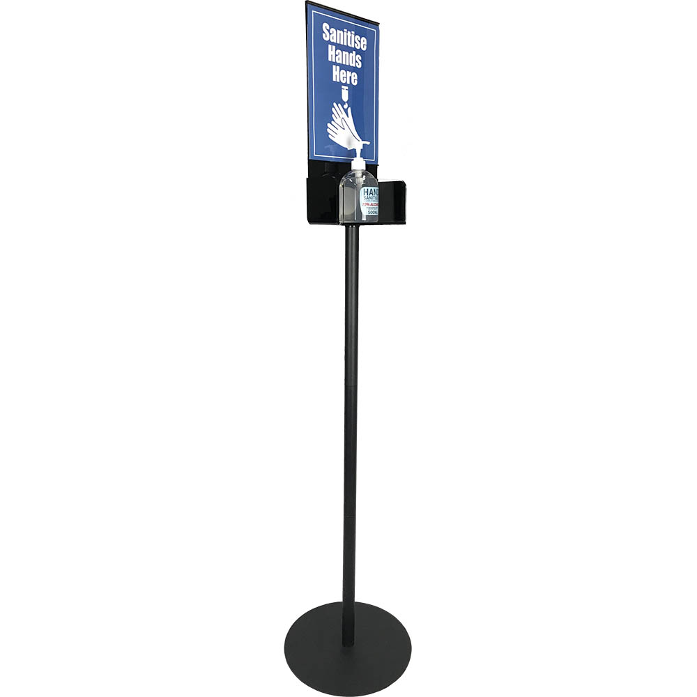 a black stand with space for an a4 size paper sign and a sanitiser gel bottle