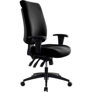 black chair with high back, arms, 3 levers