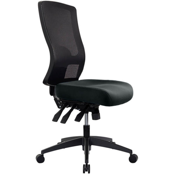 black chair with high mesh back, no arms, 3 levers