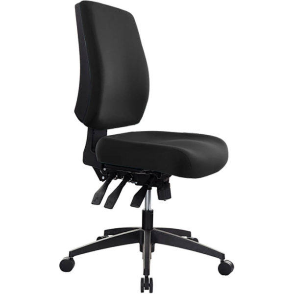 black chair with medium back, no arms, 3 levers