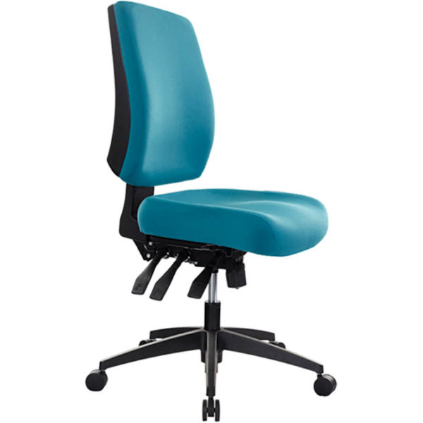 teal chair with medium back, no arms, 3 levers