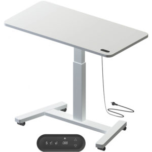 white table with single stem leg and electrically adjustable height