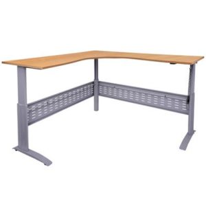 wood colored corner desk with electrically adjustable height