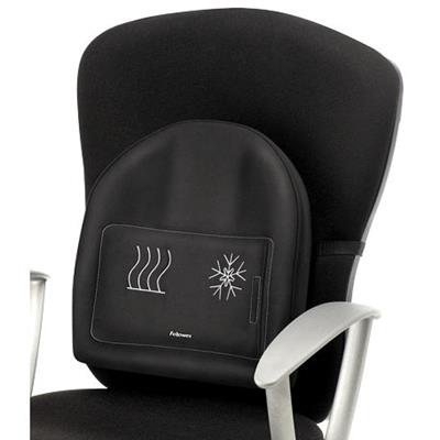 Black back support to be attached to a chairs back rest with heating and cooling gel packs